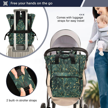 Diaper Bag Backpack, Multifunction Travel Bag for Moms Dads, Baby Changing Bag with Insulted Pockets, Stroller Straps and Side Bottle Pockets Green Texture