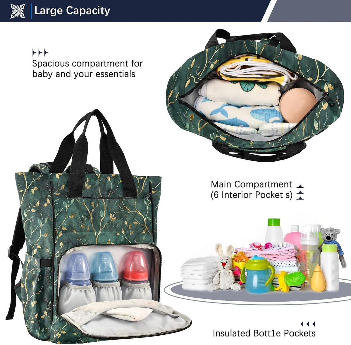 Diaper Bag Backpack, Multifunction Travel Bag for Moms Dads, Baby Changing Bag with Insulted Pockets, Stroller Straps and Side Bottle Pockets Green Texture