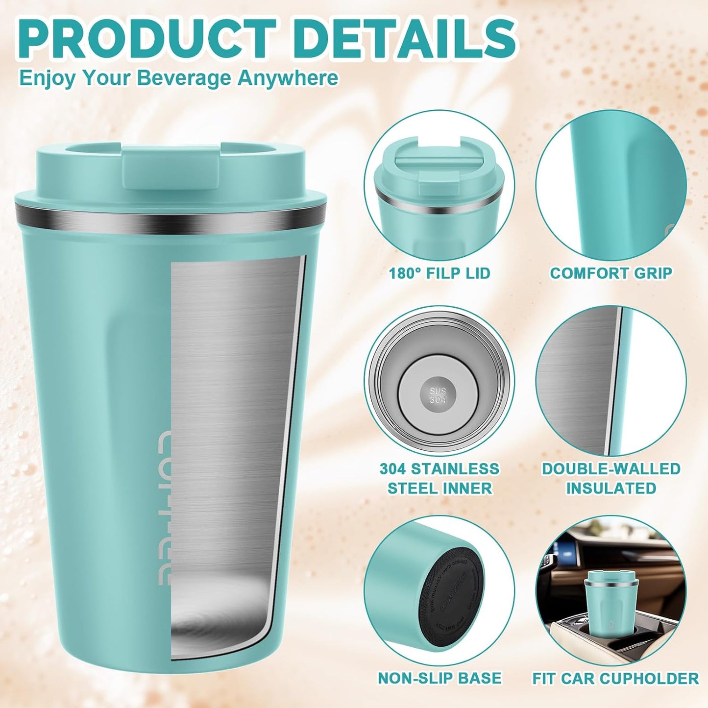 CS COSDDI 12 oz Coffee mug - Stainless Steel Coffee Cup with Leakproof Lid | Stainless Steel Double-wall insulation, 6-Hour Heat Retention, 360°Leak proof, BPA-free, Reusable And To Go Coffee Mug