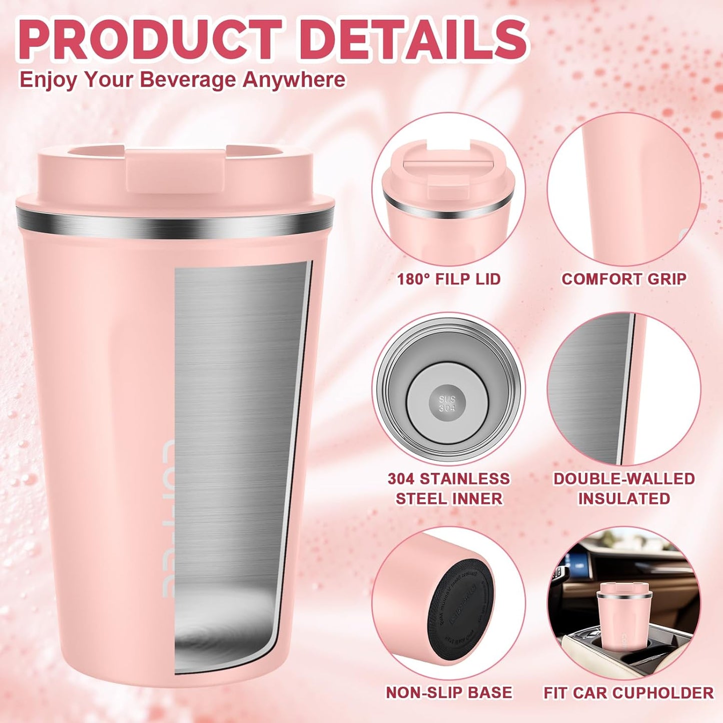 CS COSDDI 12 oz Coffee mug - Stainless Steel Coffee Cup with Leakproof Lid | Stainless Steel Double-wall insulation, 6-Hour Heat Retention, 360°Leak proof, BPA-free, Reusable And To Go Coffee Mug