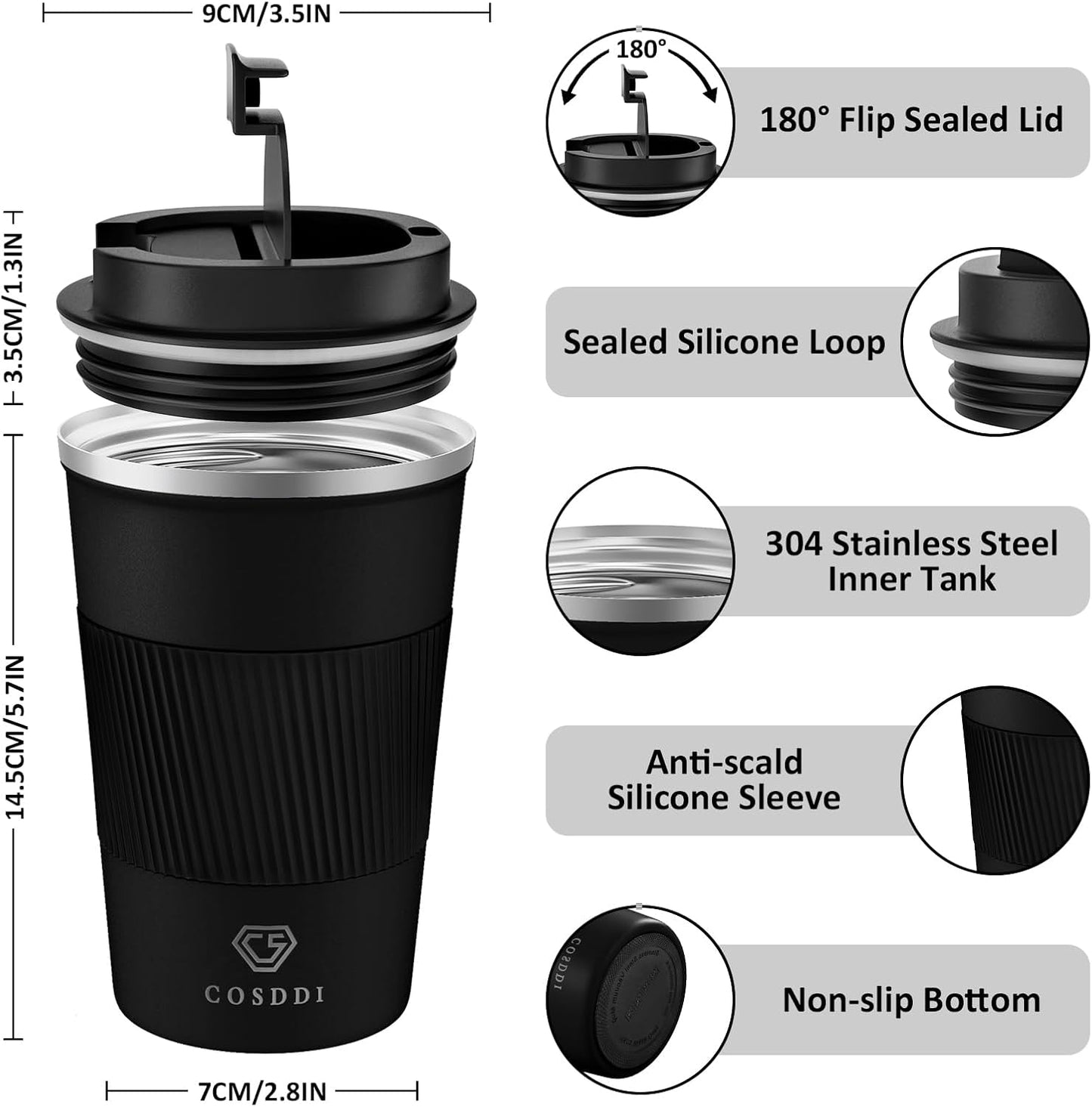 CS COSDDI 12 oz Coffee mug - Stainless Steel Coffee Cup with Leakproof Lid | Stainless Steel Double-wall insulation, 6-Hour Heat Retention, 360°Leak proof, BPA-free, Reusable And To Go Coffee Mug