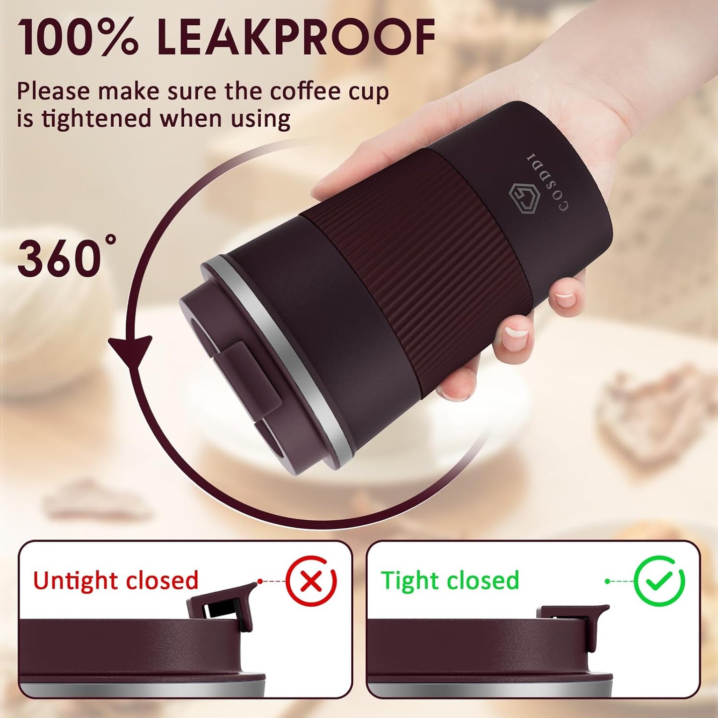 CS COSDDI 12 oz Coffee mug - Stainless Steel Coffee Cup with Leakproof Lid | Stainless Steel Double-wall insulation, 6-Hour Heat Retention, 360°Leak proof, BPA-free, Reusable And To Go Coffee Mug