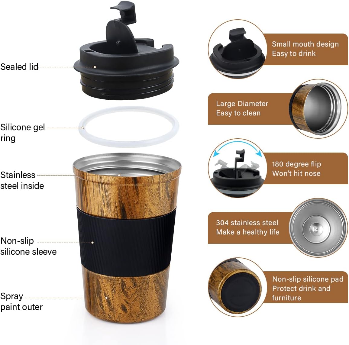 CS COSDDI 12 oz Coffee mug - Stainless Steel Coffee Cup with Leakproof Lid | Stainless Steel Double-wall insulation, 6-Hour Heat Retention, 360°Leak proof, BPA-free, Reusable And To Go Coffee Mug