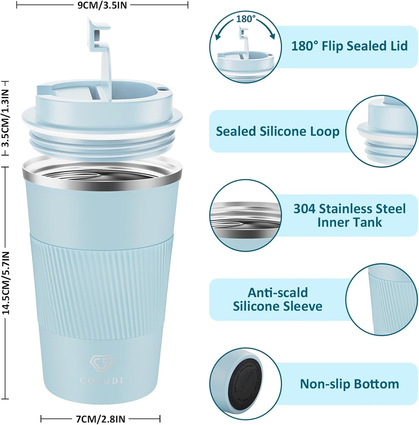 CS COSDDI 12 oz Coffee mug - Stainless Steel Coffee Cup with Leakproof Lid | Stainless Steel Double-wall insulation, 6-Hour Heat Retention, 360°Leak proof, BPA-free, Reusable And To Go Coffee Mug