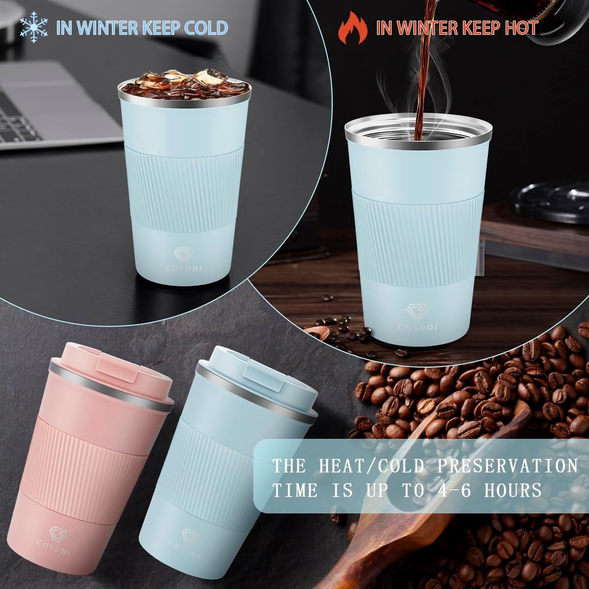 CS COSDDI 12 oz Coffee mug - Stainless Steel Coffee Cup with Leakproof Lid | Stainless Steel Double-wall insulation, 6-Hour Heat Retention, 360°Leak proof, BPA-free, Reusable And To Go Coffee Mug