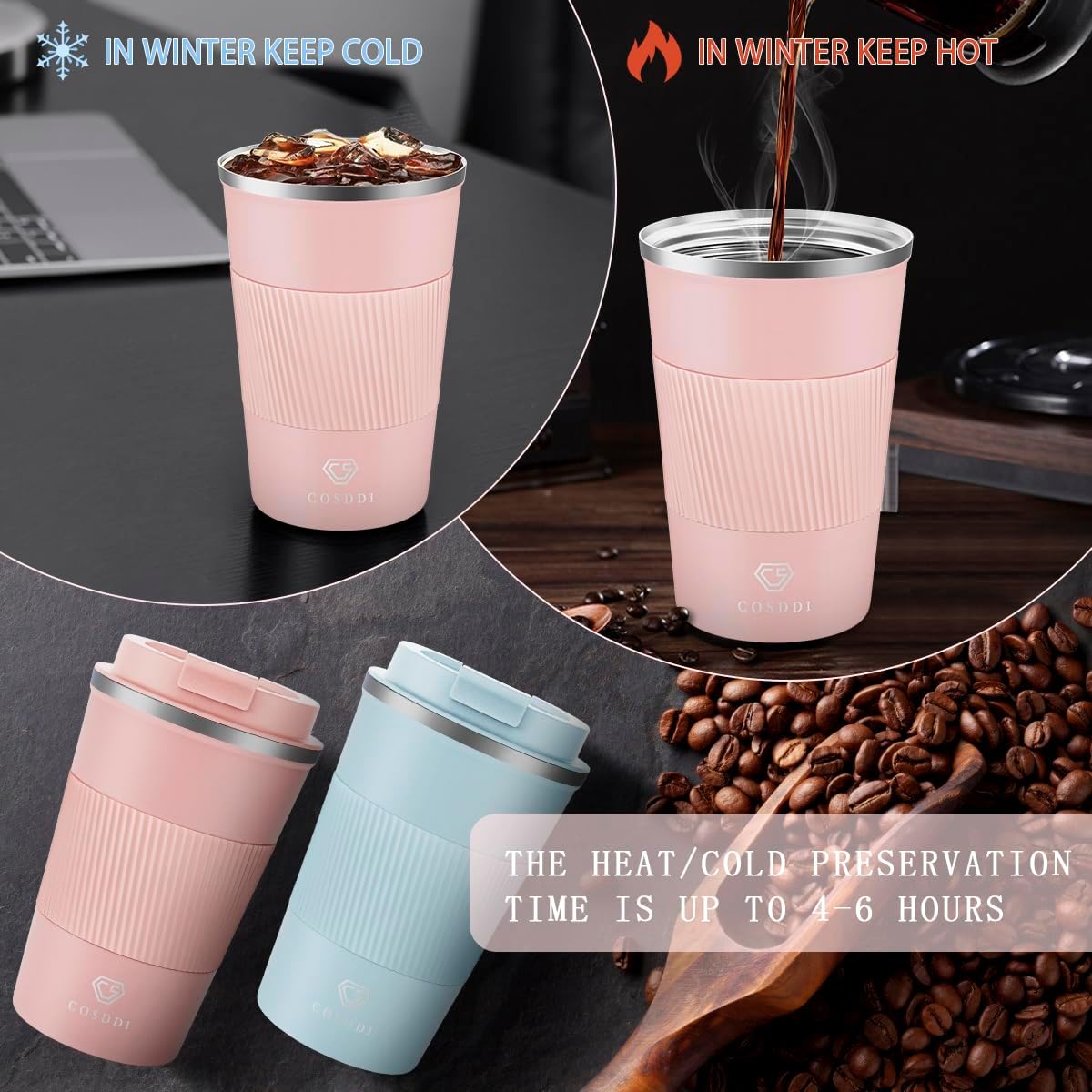 CS COSDDI 12 oz Coffee mug - Stainless Steel Coffee Cup with Leakproof Lid | Stainless Steel Double-wall insulation, 6-Hour Heat Retention, 360°Leak proof, BPA-free, Reusable And To Go Coffee Mug