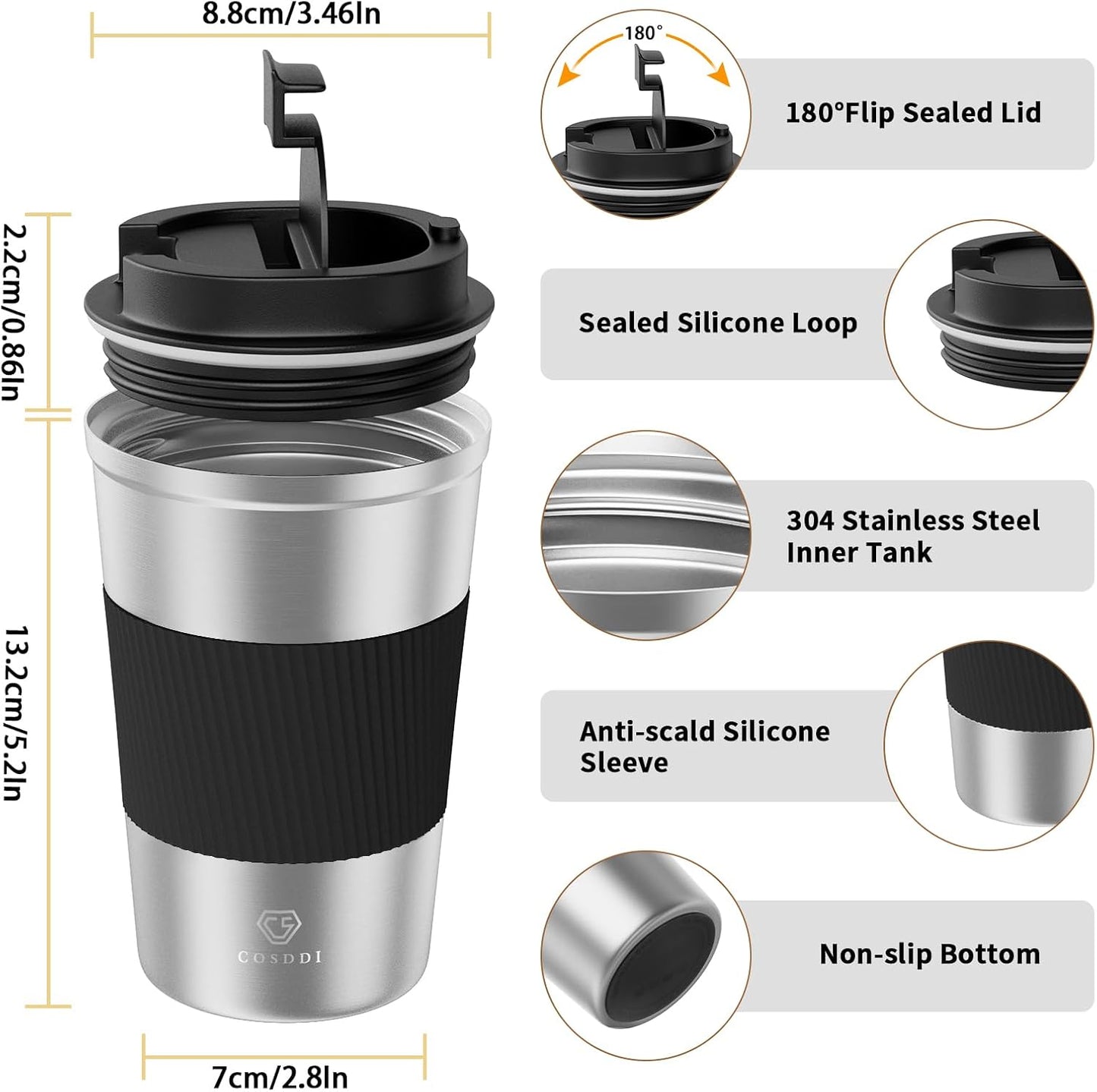 CS COSDDI 12 oz Coffee mug - Stainless Steel Coffee Cup with Leakproof Lid | Stainless Steel Double-wall insulation, 6-Hour Heat Retention, 360°Leak proof, BPA-free, Reusable And To Go Coffee Mug