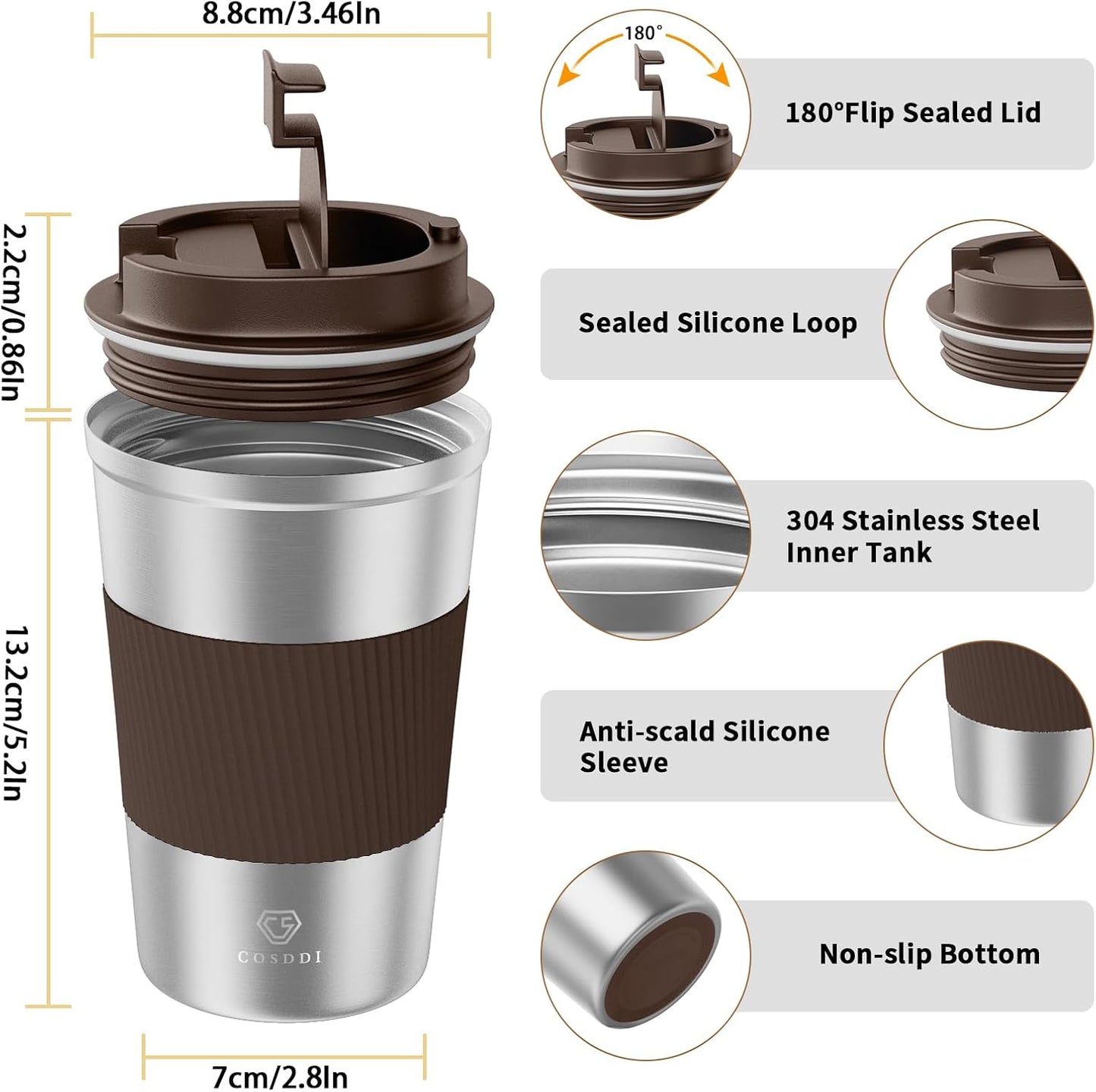 CS COSDDI 12 oz Coffee mug - Stainless Steel Coffee Cup with Leakproof Lid | Stainless Steel Double-wall insulation, 6-Hour Heat Retention, 360°Leak proof, BPA-free, Reusable And To Go Coffee Mug