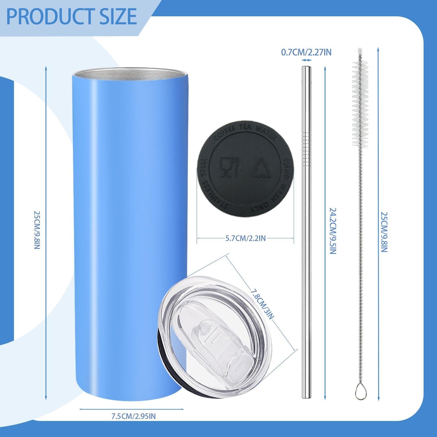 12 Pack Stainless Steel Skinny Tumblers 20oz - Bulk Straight Double Wall Vacuum Insulated Tumbler with Lid and Straw & Silicone Base for Travel, DIY, 12 Colors