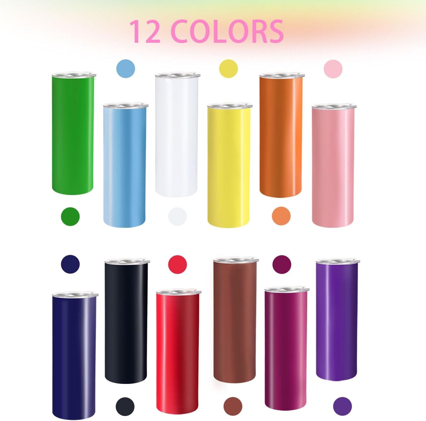 12 Pack Stainless Steel Skinny Tumblers 20oz - Bulk Straight Double Wall Vacuum Insulated Tumbler with Lid and Straw & Silicone Base for Travel, DIY, 12 Colors