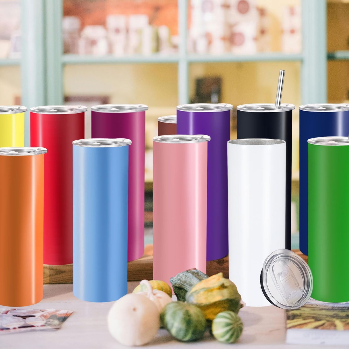 12 Pack Stainless Steel Skinny Tumblers 20oz - Bulk Straight Double Wall Vacuum Insulated Tumbler with Lid and Straw & Silicone Base for Travel, DIY, 12 Colors