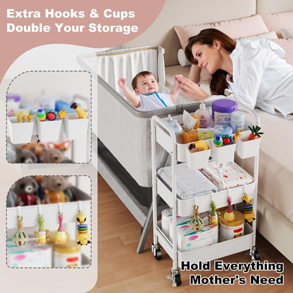 Diaper Cart Organizer with Wheels, 3 Tier Rolling Bedside Cart for Baby Essentials, Baby Organizers and Storage Diaper Caddy Carts for Changing Table, Crib, Bedroom, Newborn Nursery Supplies, White