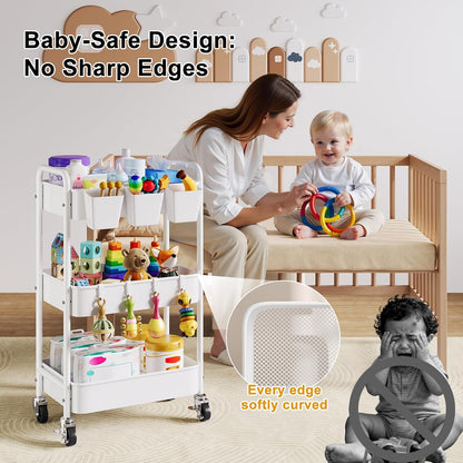 Diaper Cart Organizer with Wheels, 3 Tier Rolling Bedside Cart for Baby Essentials, Baby Organizers and Storage Diaper Caddy Carts for Changing Table, Crib, Bedroom, Newborn Nursery Supplies, White
