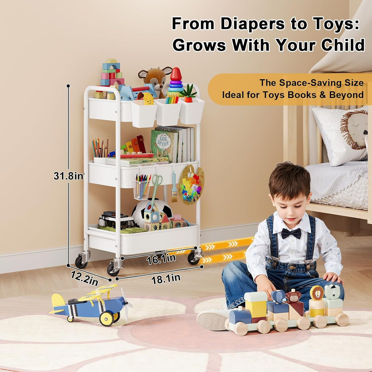 Diaper Cart Organizer with Wheels, 3 Tier Rolling Bedside Cart for Baby Essentials, Baby Organizers and Storage Diaper Caddy Carts for Changing Table, Crib, Bedroom, Newborn Nursery Supplies, White