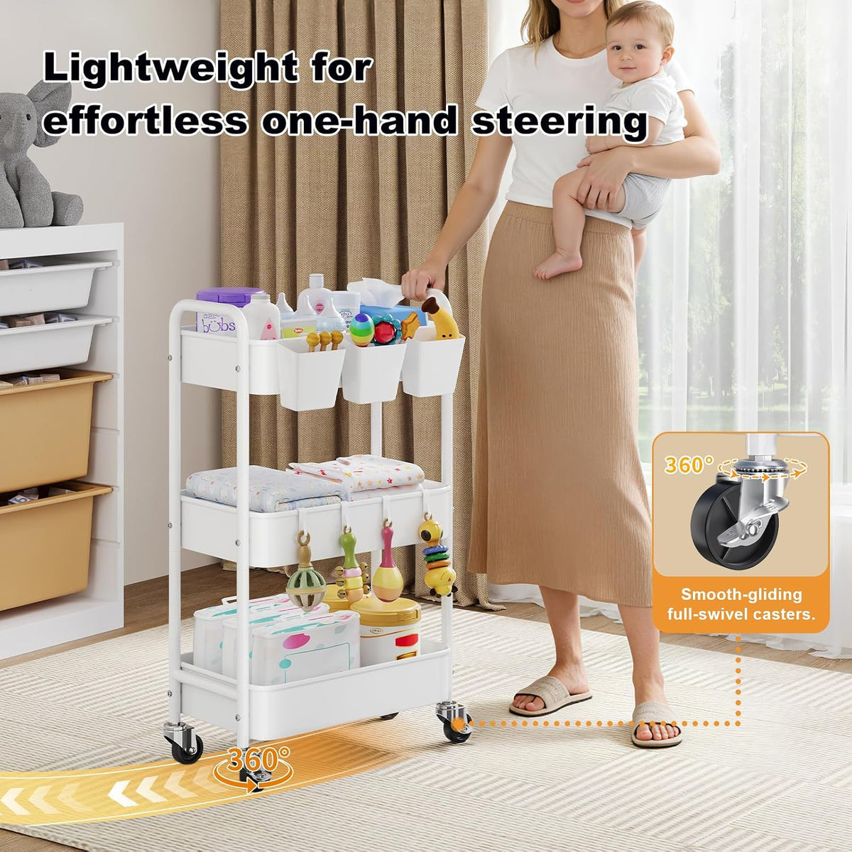 Diaper Cart Organizer with Wheels, 3 Tier Rolling Bedside Cart for Baby Essentials, Baby Organizers and Storage Diaper Caddy Carts for Changing Table, Crib, Bedroom, Newborn Nursery Supplies, White