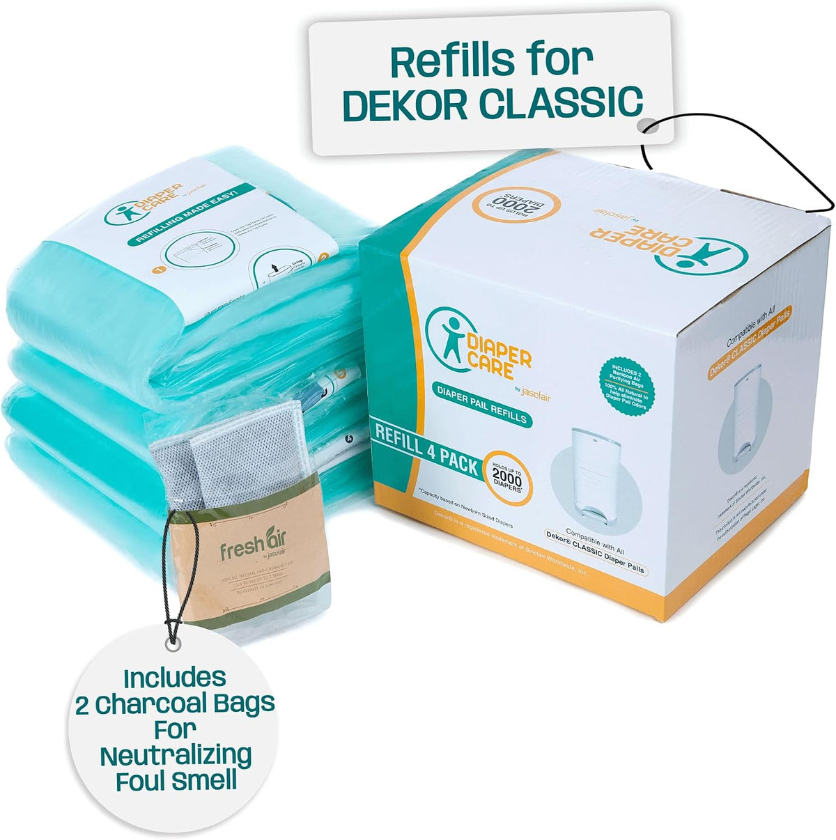 Refill Bags for Dekor Classic Diaper Pail - 4 Pack Odor-Control Liners