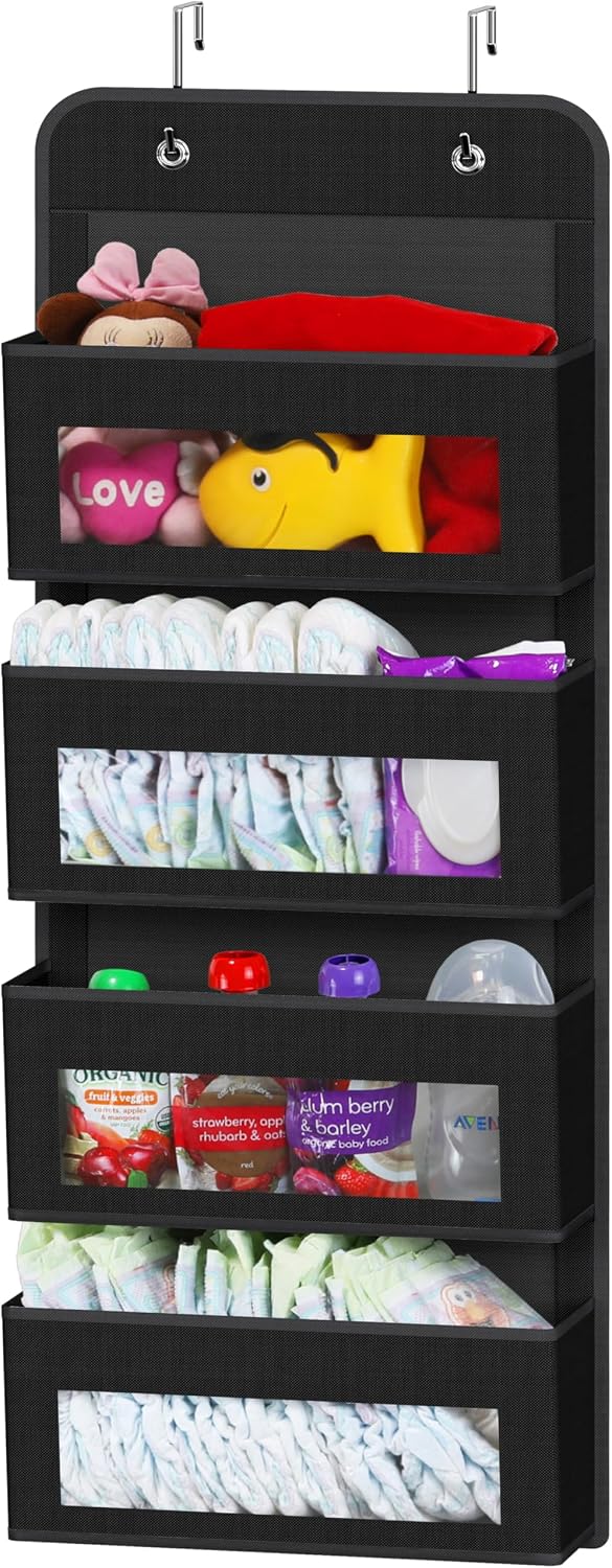 4 Clear Window Pocket Over Door Hanging Organizer, Black