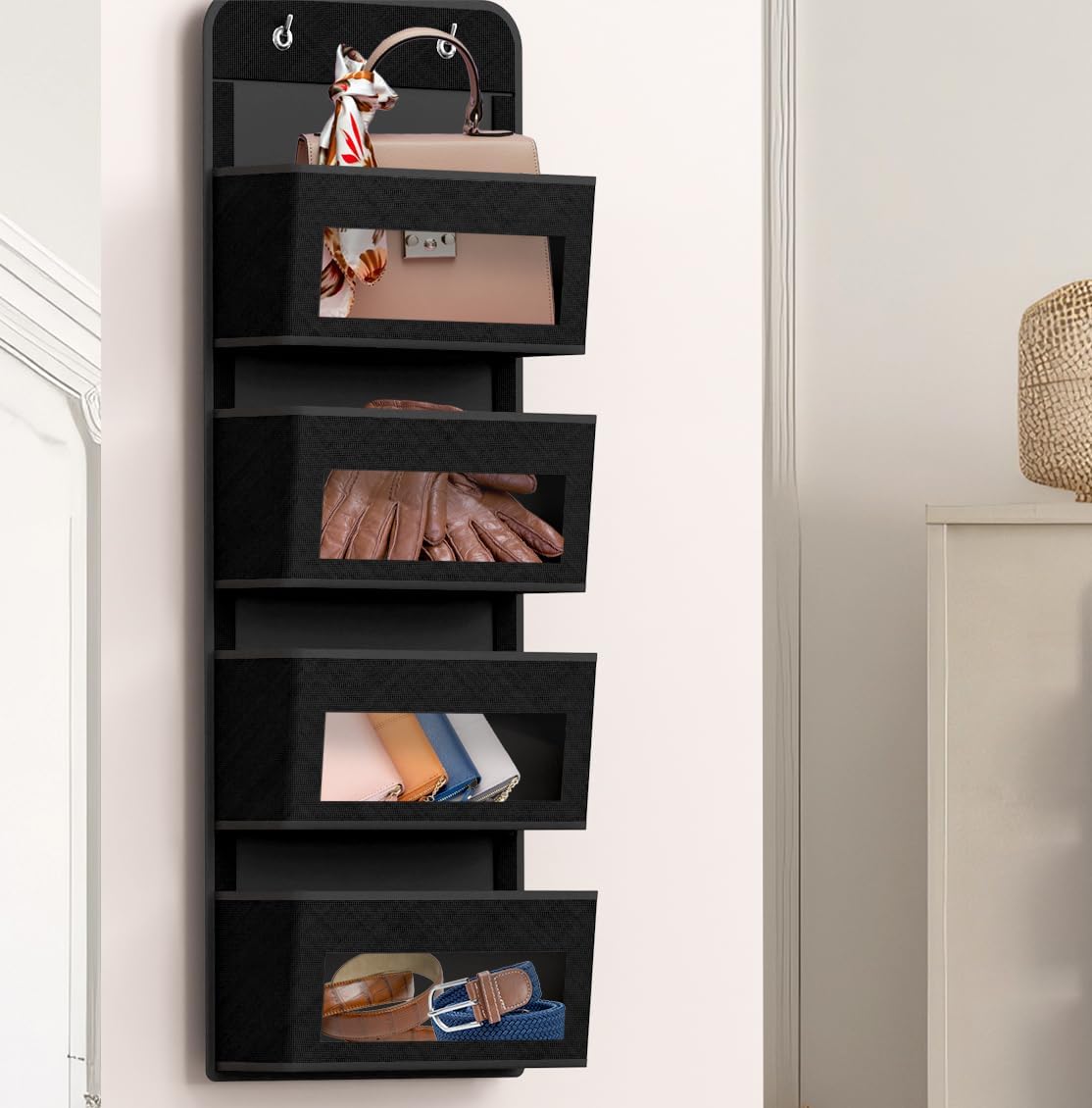 4 Clear Window Pocket Over Door Hanging Organizer, Black
