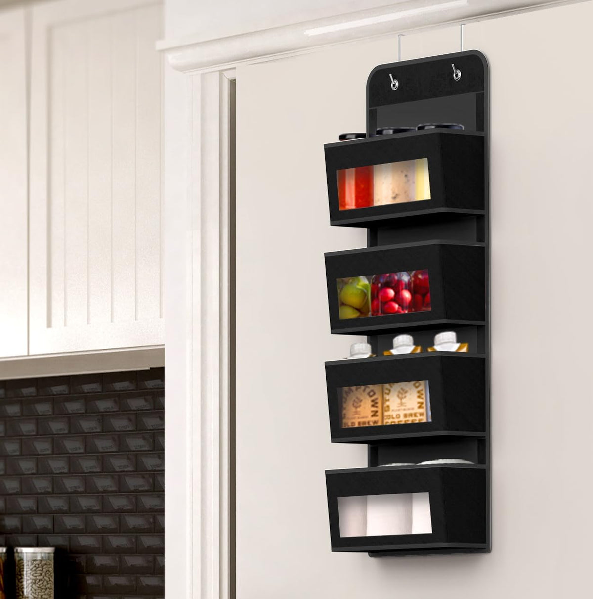 4 Clear Window Pocket Over Door Hanging Organizer, Black