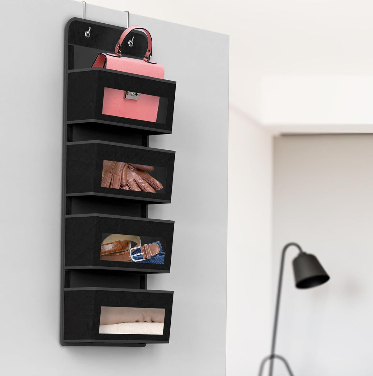 4 Clear Window Pocket Over Door Hanging Organizer, Black