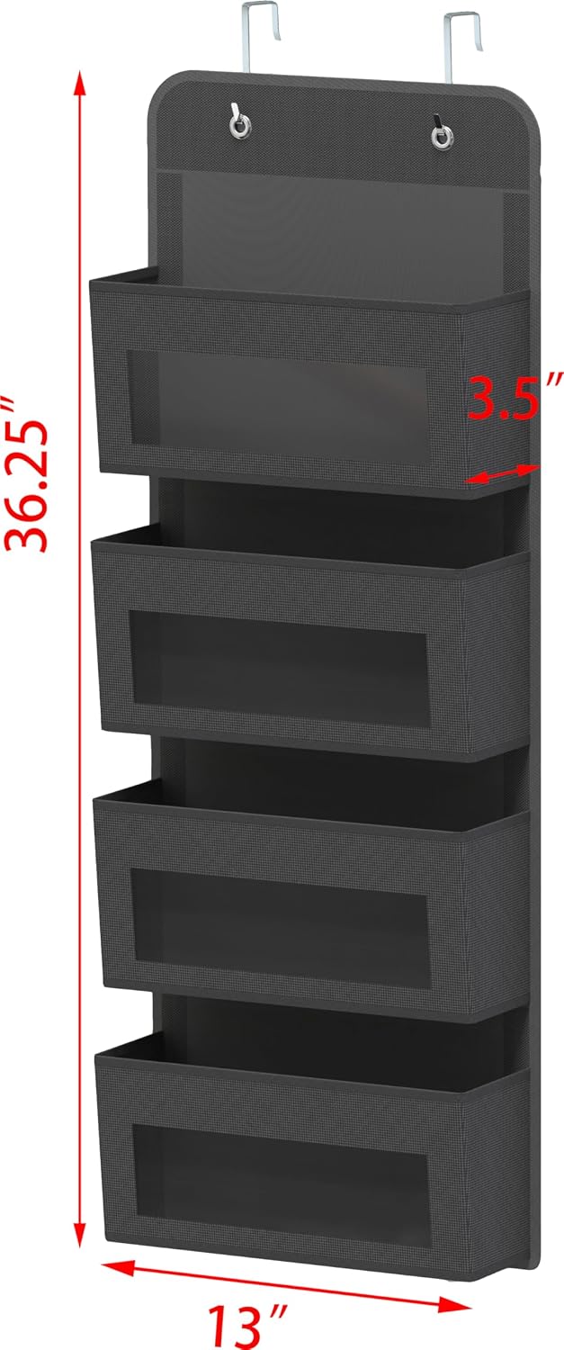 4 Clear Window Pocket Over Door Hanging Organizer, Black