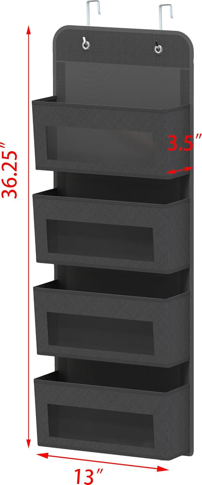 4 Clear Window Pocket Over Door Hanging Organizer, Black