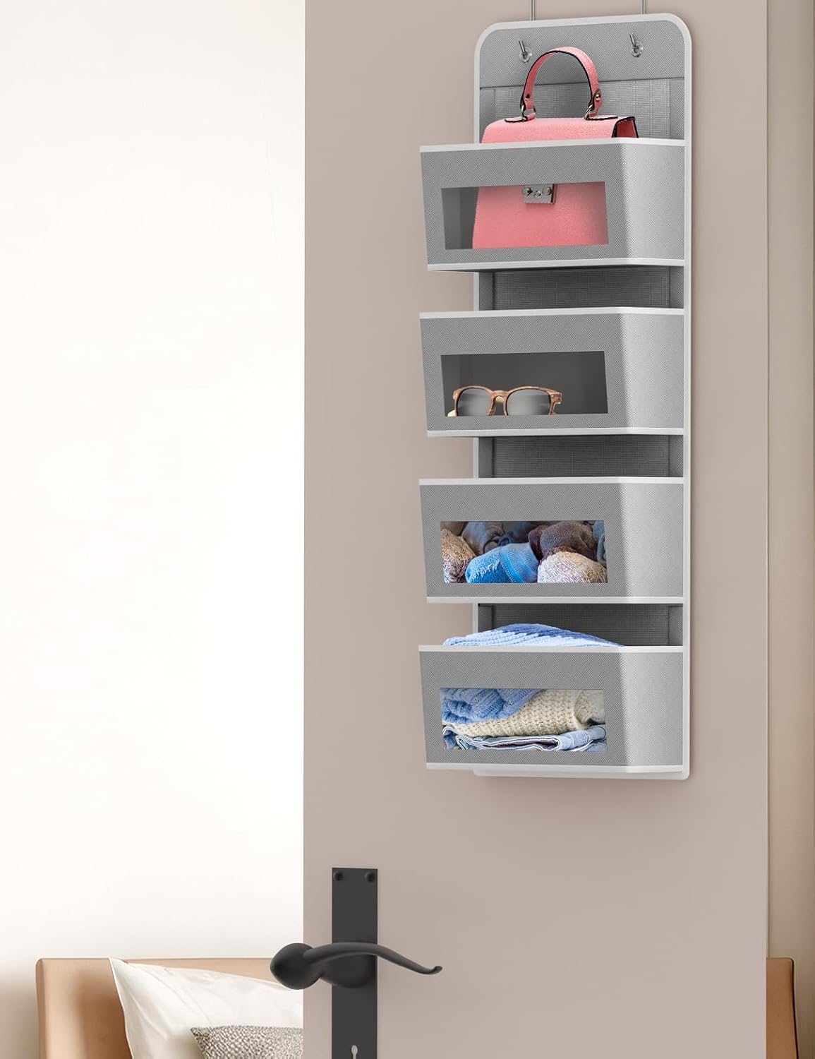 4 Clear Window Pocket Over Door Hanging Organizer, Black