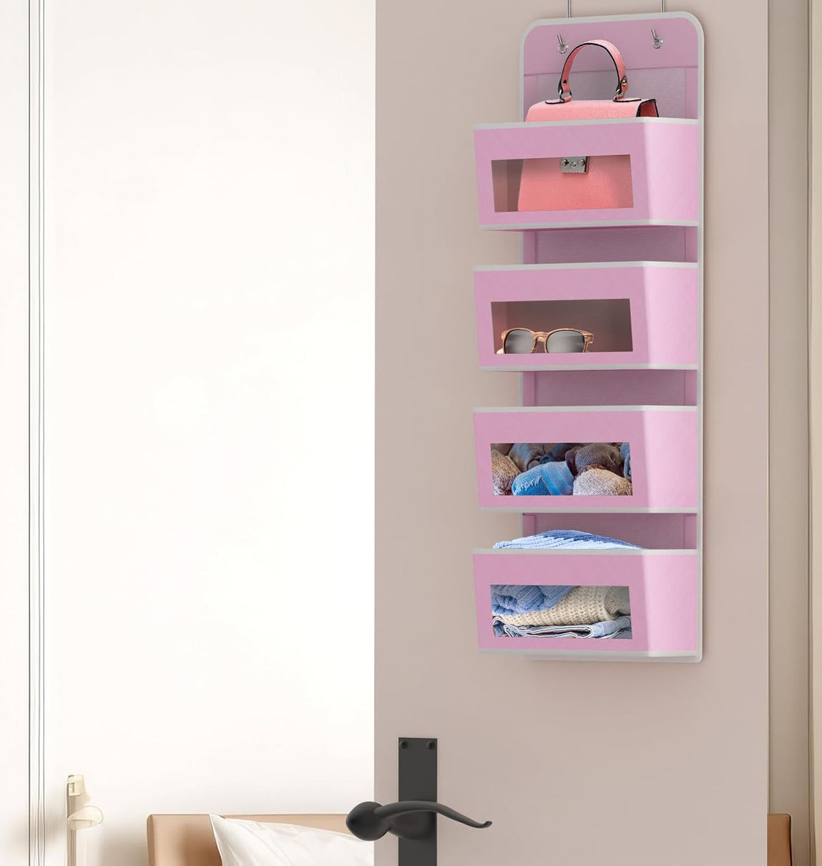 4 Clear Window Pocket Over Door Hanging Organizer, Black
