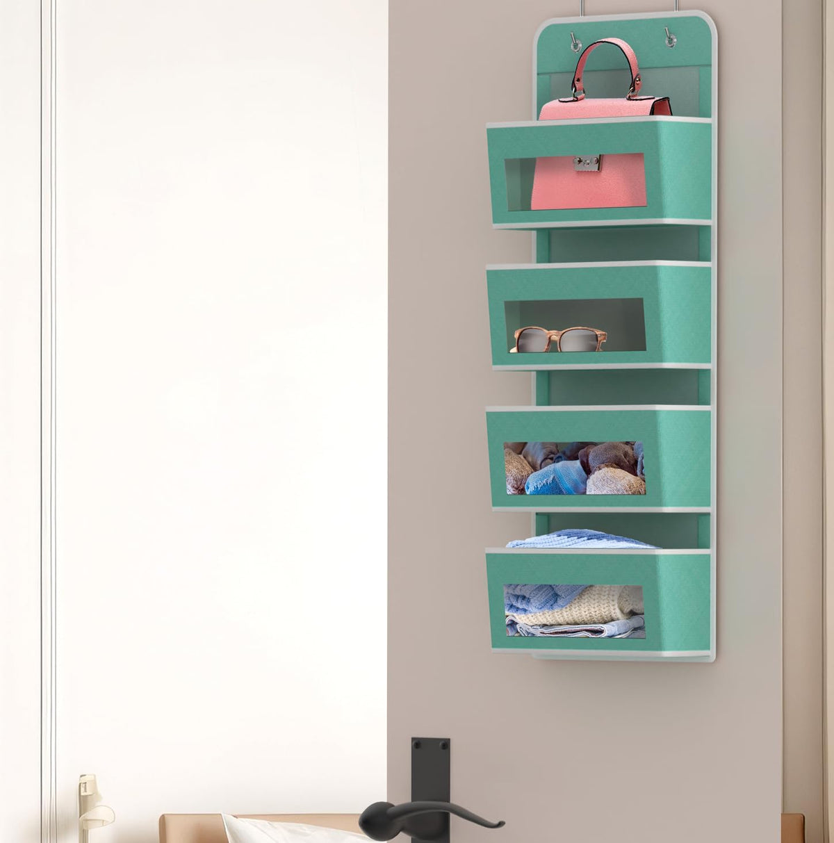 4 Clear Window Pocket Over Door Hanging Organizer, Black