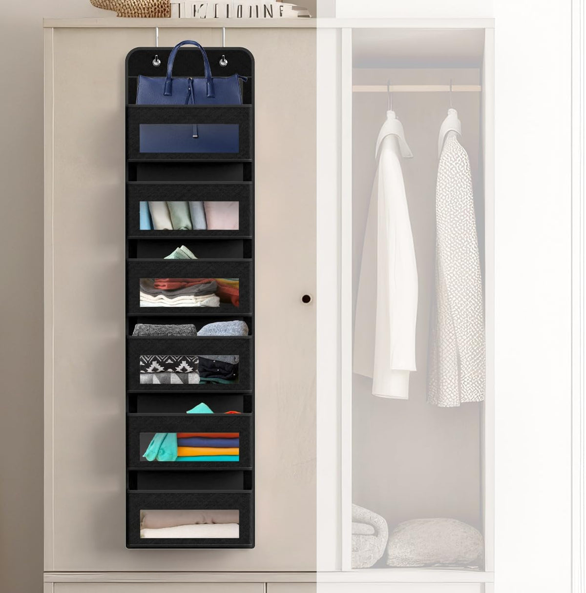 4 Clear Window Pocket Over Door Hanging Organizer, Black