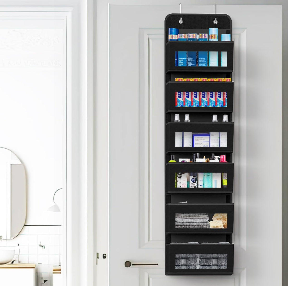 4 Clear Window Pocket Over Door Hanging Organizer, Black
