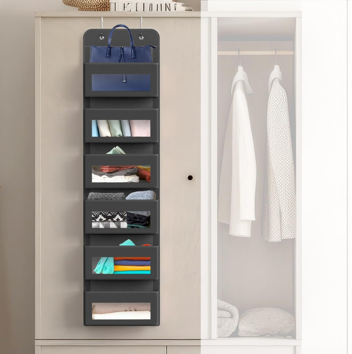 4 Clear Window Pocket Over Door Hanging Organizer, Black