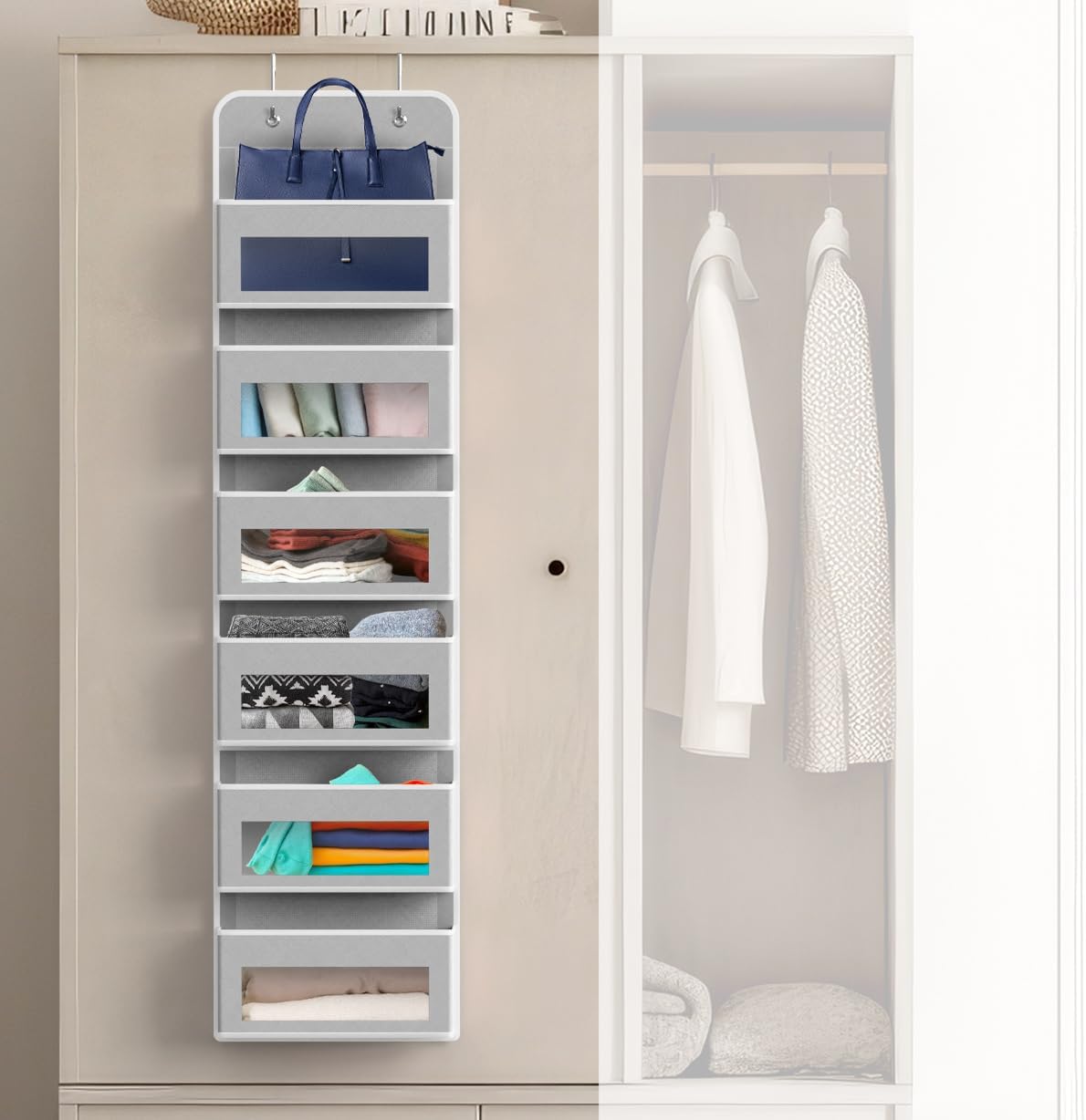 4 Clear Window Pocket Over Door Hanging Organizer, Black