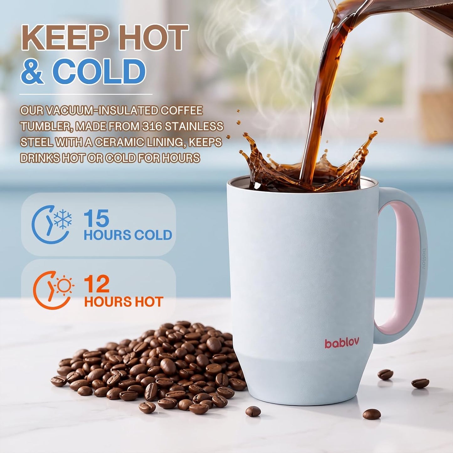 Coffee Tumbler with Straw 23oz Insulated Travel Coffee Mugs | 316L Stainless Steel Insulated Tumbler with Handle for Tea, Cold Hot Beverages at Home Office Camping or on the Go Travel Mug
