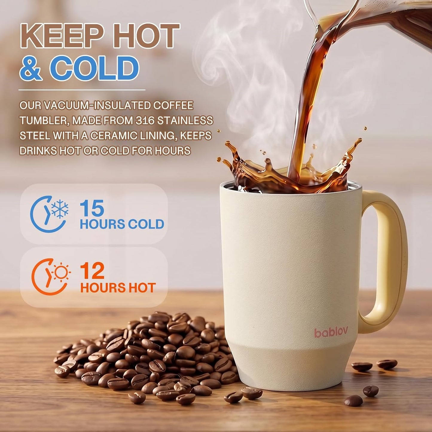 Coffee Tumbler with Straw 23oz Insulated Travel Coffee Mugs | 316L Stainless Steel Insulated Tumbler with Handle for Tea, Cold Hot Beverages at Home Office Camping or on the Go Travel Mug