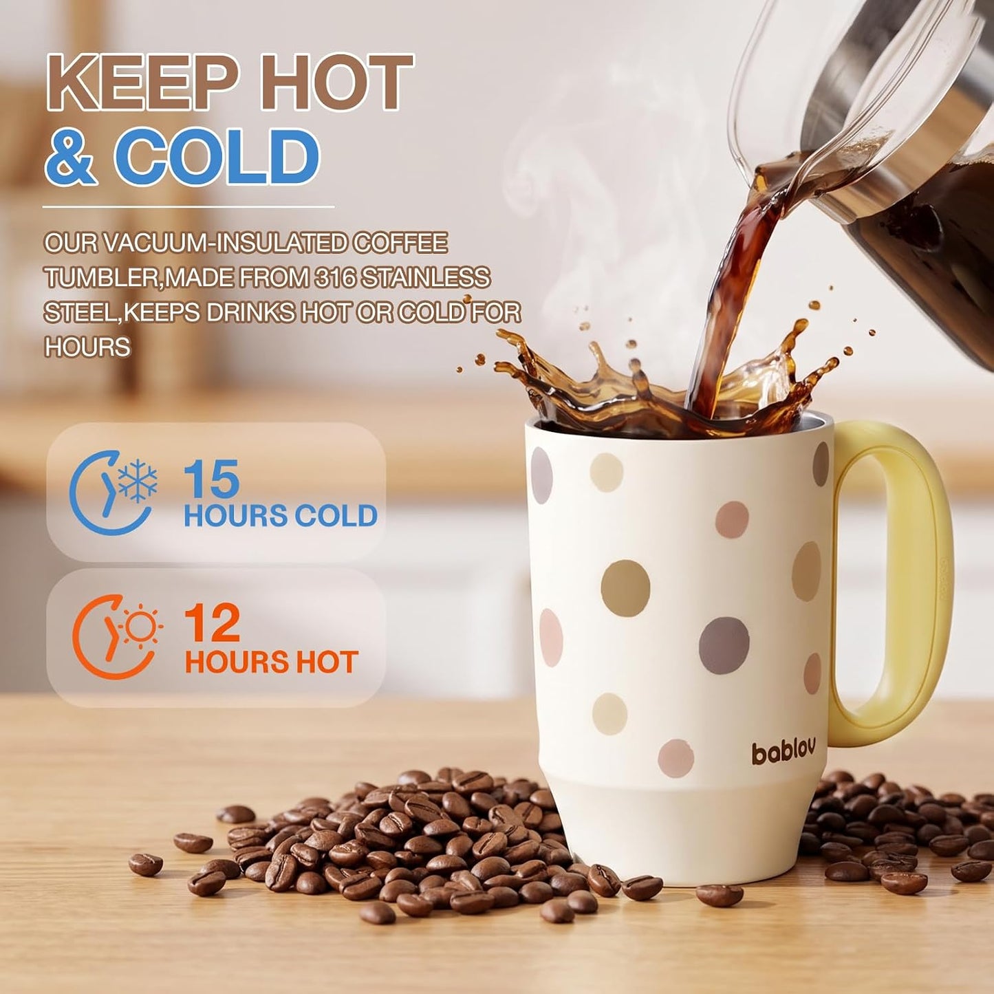 Coffee Tumbler with Straw 23oz Insulated Travel Coffee Mugs | 316L Stainless Steel Insulated Tumbler with Handle for Tea, Cold Hot Beverages at Home Office Camping or on the Go Travel Mug