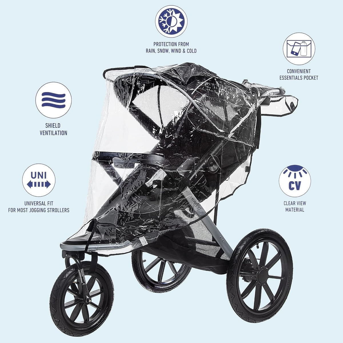 Jogging Stroller Weather Shield, Baby Rain Cover, Universal Size to fit most Jogging Strollers, Waterproof, Windproof, Ventilation,Protection, Pram,Vinyl, Clear, Plastic