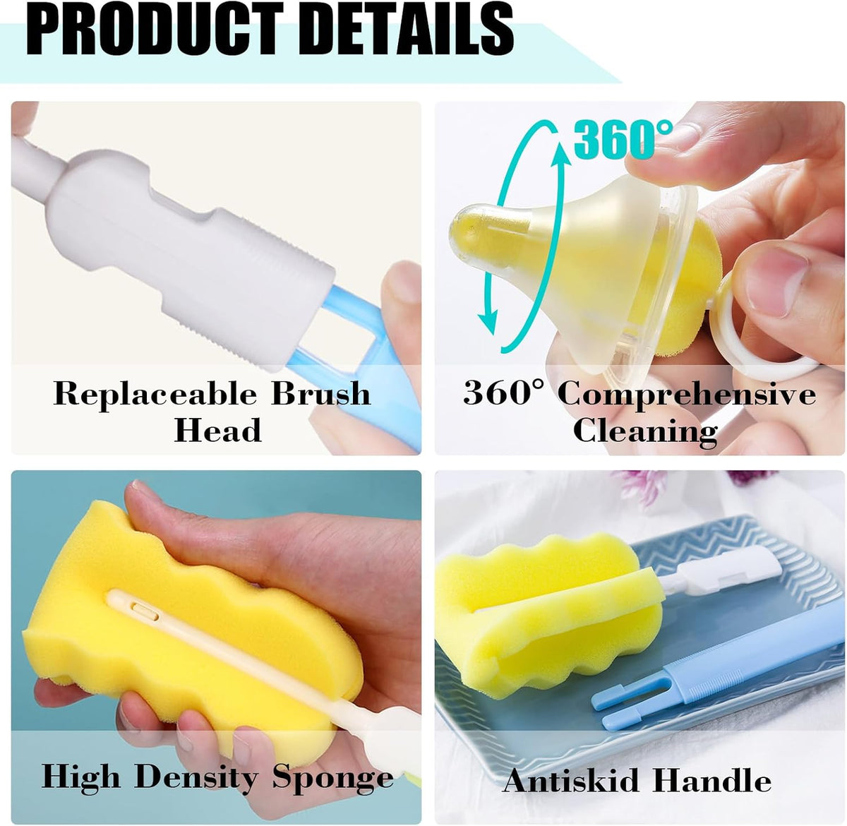 Baby Bottle Cleaning Brush 6-Piece Set Detachable Sponge Bottle Brush, Nylon Milk Bottle Brush, 2PCS Nipple Brush, 2PCS Straw Brush (Green)
