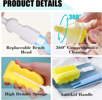 Baby Bottle Cleaning Brush 6-Piece Set Detachable Sponge Bottle Brush, Nylon Milk Bottle Brush, 2PCS Nipple Brush, 2PCS Straw Brush (Green)