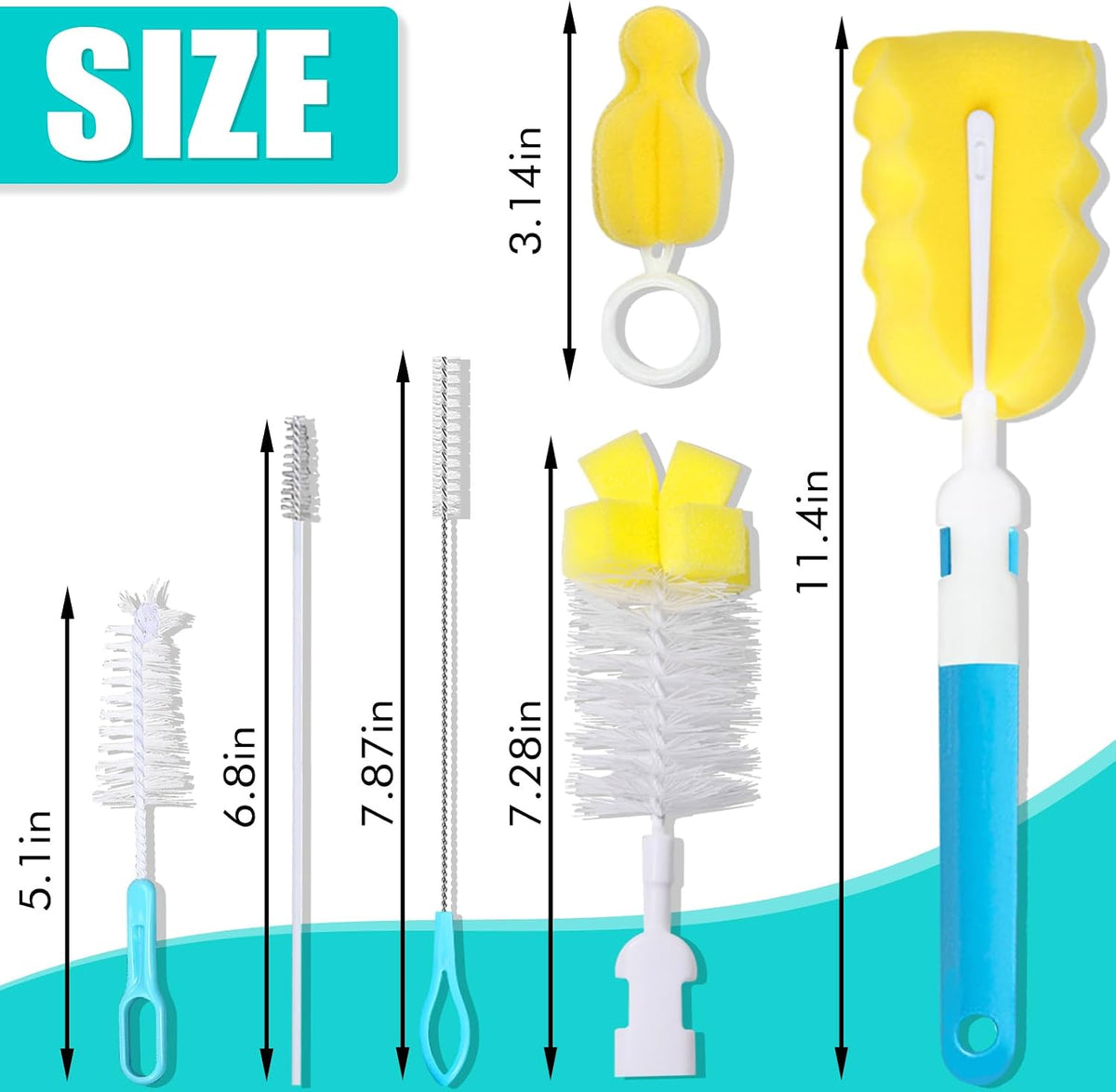 Baby Bottle Cleaning Brush 6-Piece Set Detachable Sponge Bottle Brush, Nylon Milk Bottle Brush, 2PCS Nipple Brush, 2PCS Straw Brush (Green)