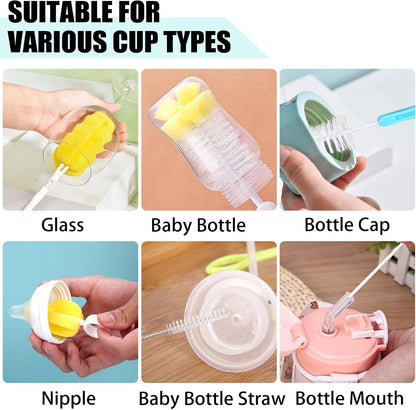 Baby Bottle Cleaning Brush 6-Piece Set Detachable Sponge Bottle Brush, Nylon Milk Bottle Brush, 2PCS Nipple Brush, 2PCS Straw Brush (Green)