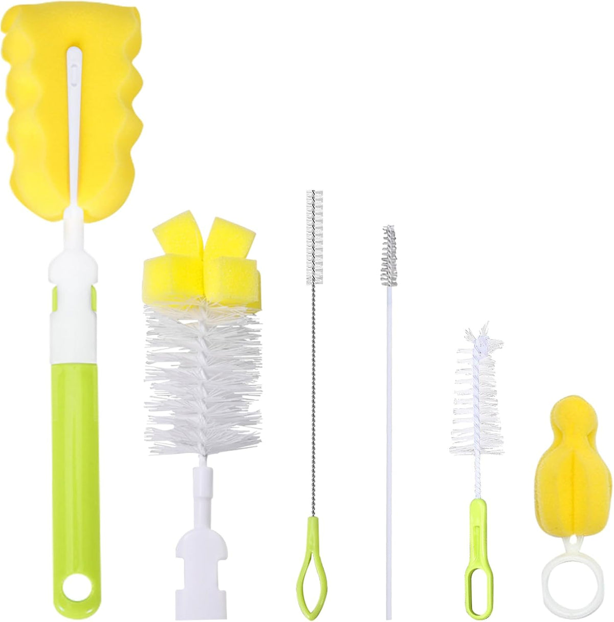 Baby Bottle Cleaning Brush 6-Piece Set Detachable Sponge Bottle Brush, Nylon Milk Bottle Brush, 2PCS Nipple Brush, 2PCS Straw Brush (Green)