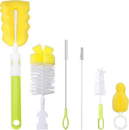 Baby Bottle Cleaning Brush 6-Piece Set Detachable Sponge Bottle Brush, Nylon Milk Bottle Brush, 2PCS Nipple Brush, 2PCS Straw Brush (Green)
