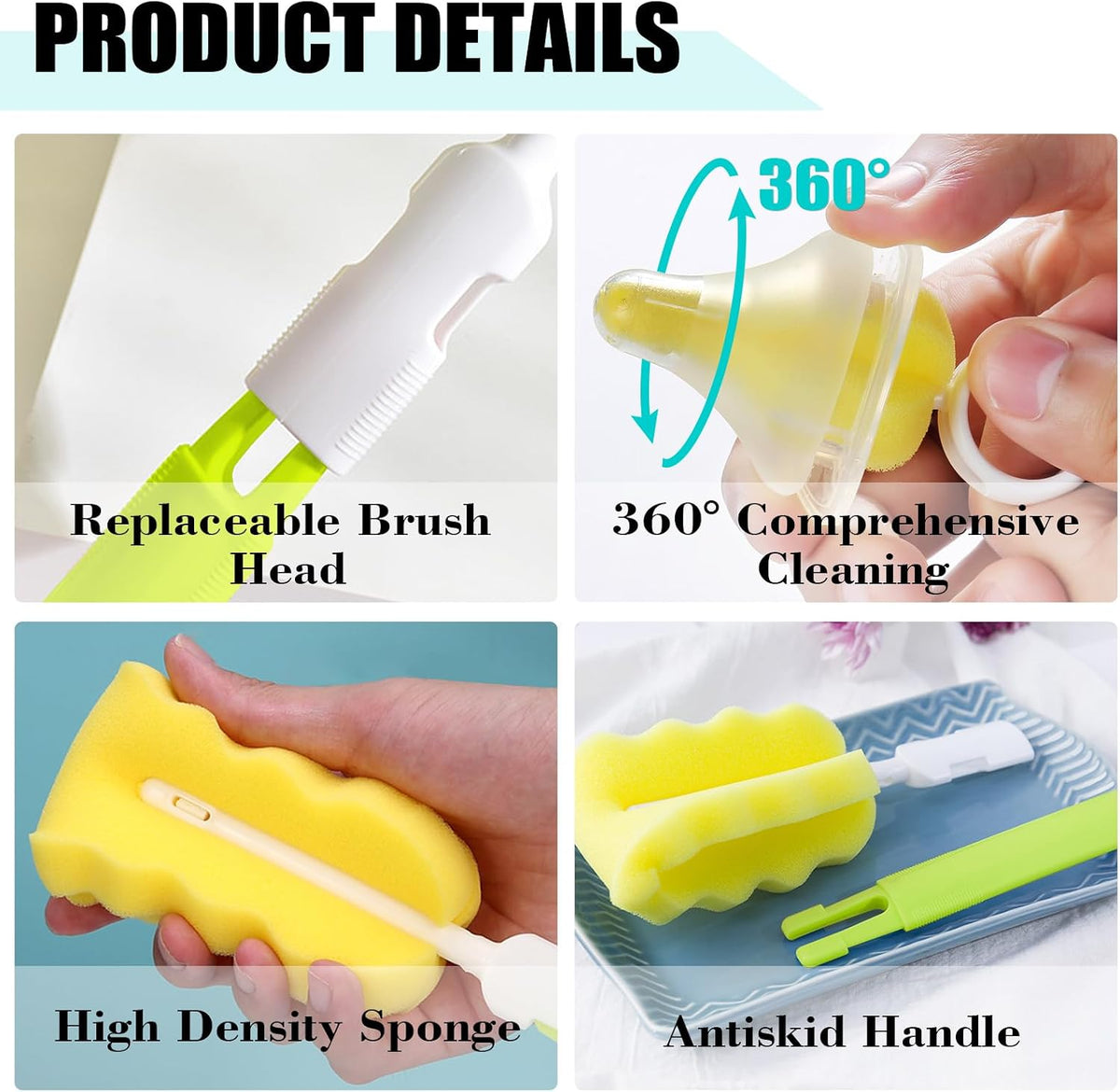Baby Bottle Cleaning Brush 6-Piece Set Detachable Sponge Bottle Brush, Nylon Milk Bottle Brush, 2PCS Nipple Brush, 2PCS Straw Brush (Green)