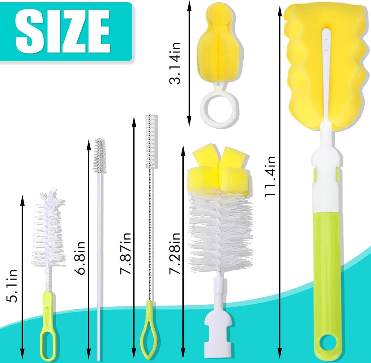 Baby Bottle Cleaning Brush 6-Piece Set Detachable Sponge Bottle Brush, Nylon Milk Bottle Brush, 2PCS Nipple Brush, 2PCS Straw Brush (Green)