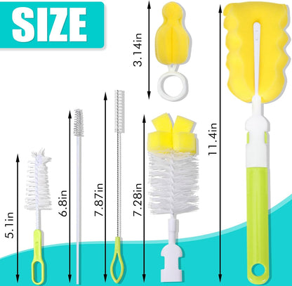 Baby Bottle Cleaning Brush 6-Piece Set Detachable Sponge Bottle Brush, Nylon Milk Bottle Brush, 2PCS Nipple Brush, 2PCS Straw Brush (Green)