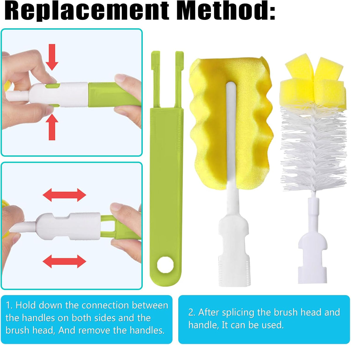 Baby Bottle Cleaning Brush 6-Piece Set Detachable Sponge Bottle Brush, Nylon Milk Bottle Brush, 2PCS Nipple Brush, 2PCS Straw Brush (Green)