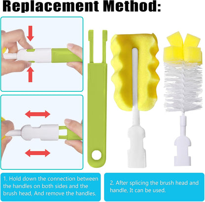 Baby Bottle Cleaning Brush 6-Piece Set Detachable Sponge Bottle Brush, Nylon Milk Bottle Brush, 2PCS Nipple Brush, 2PCS Straw Brush (Green)