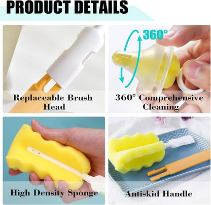 Baby Bottle Cleaning Brush 6-Piece Set Detachable Sponge Bottle Brush, Nylon Milk Bottle Brush, 2PCS Nipple Brush, 2PCS Straw Brush (Green)