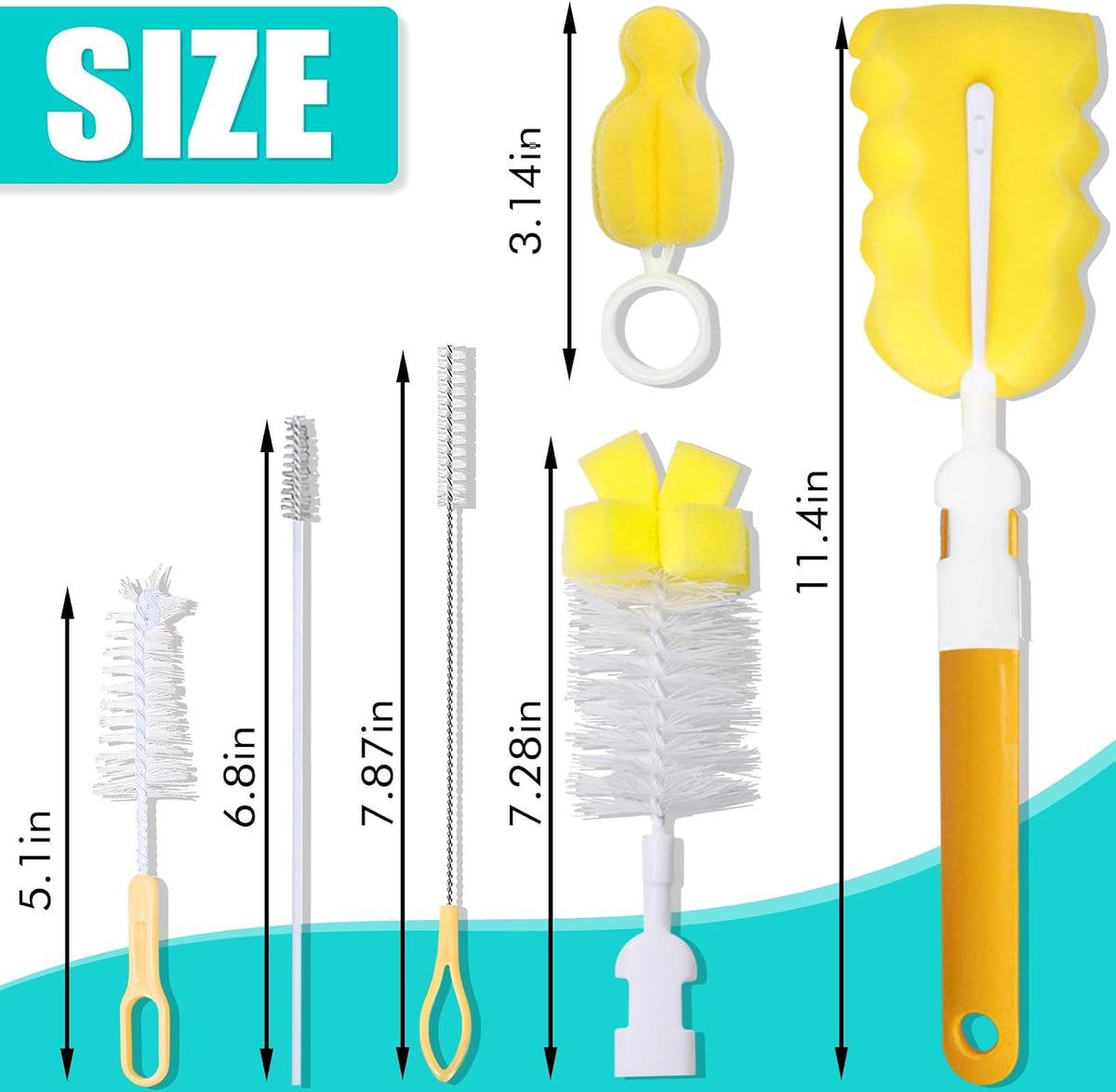 Baby Bottle Cleaning Brush 6-Piece Set Detachable Sponge Bottle Brush, Nylon Milk Bottle Brush, 2PCS Nipple Brush, 2PCS Straw Brush (Green)